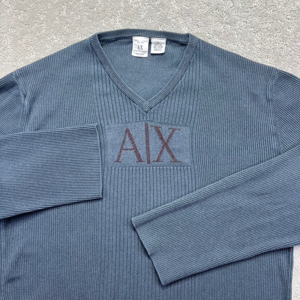 VINTAGE Armani Exchange‎ AX Sweater XL Blue Gray Ribbed V-Neck Cotton Rayon Logo